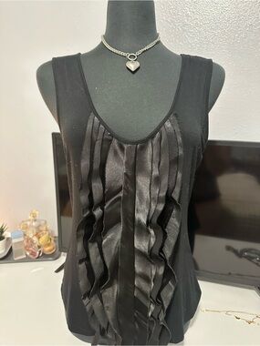 Willi Smith Black Satin Ruffle Front Tank Top